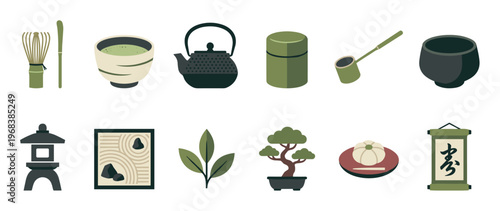 Collection of Japanese tea ceremony and Zen garden icons including a matcha whisk, teapot, bonsai tree, and stone lantern in a flat minimalist vector illustration style
