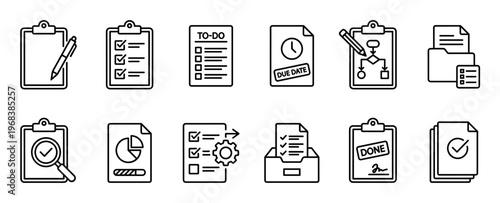 Task management and productivity icon set with various symbols for planning, checklists, deadlines, and workflow, rendered in a clean, black and white linear graphic style for business concepts