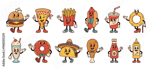 Twelve vintage cartoon fast food mascots with smiling faces and limbs, featuring a hamburger, pizza, donut, and taco in a cheerful, nostalgic 1930s rubber hose animation style