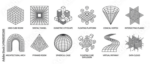 Set of abstract geometric wireframe icons representing futuristic concepts like virtual reality, data clouds, and architectural forms in a minimalist black line art style