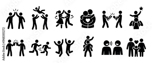 Collection of black stick figure icons showing people celebrating success, friendship, and love through various happy interactions like dancing, hugging, and high-fiving in a minimalist set