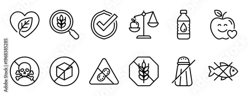 Black and white line icon set representing food safety, allergens, and healthy diet concepts like gluten-free, organic, non-toxic, and nutritional balance for product packaging