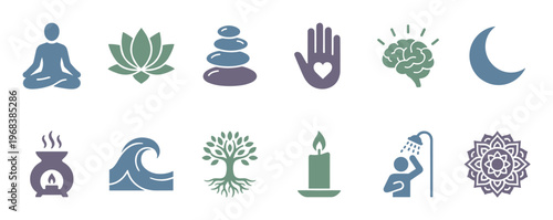 Set of wellness and mindfulness icons featuring a meditating person, lotus, zen stones, candle, and mandala for self-care, mental health, and relaxation concepts