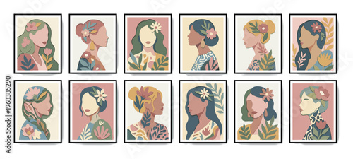 Set of twelve framed modern illustrations featuring abstract female portraits with floral and botanical motifs in a minimalist, flat design style for elegant wall decor