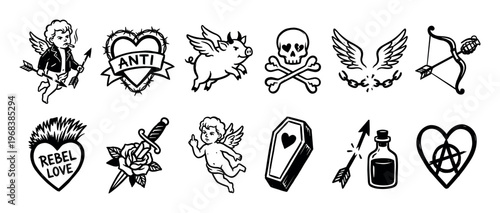 Collection of black and white punk rock tattoo flash illustrations with rebellious love symbols like a smoking cupid, anarchy heart, skull, and dagger in a hand-drawn style