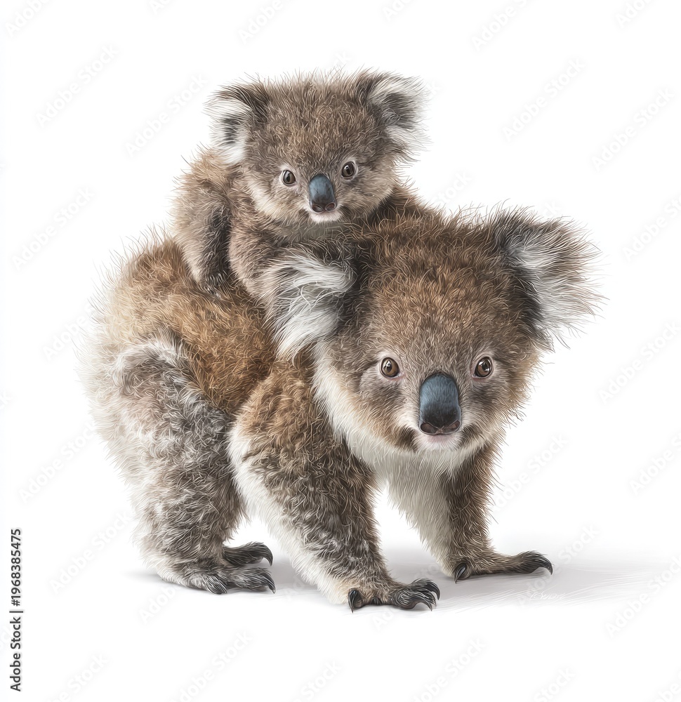 Fototapeta premium Koala bear mother carrying baby on white background stock photo