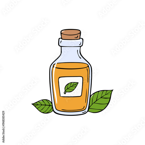 Herbal Oil Bottle with Leaf Label and Green Leaves Illustration