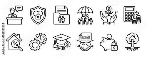 Set of black line icons representing insurance, finance, family protection, investment, savings, and real estate concepts in a minimalist style