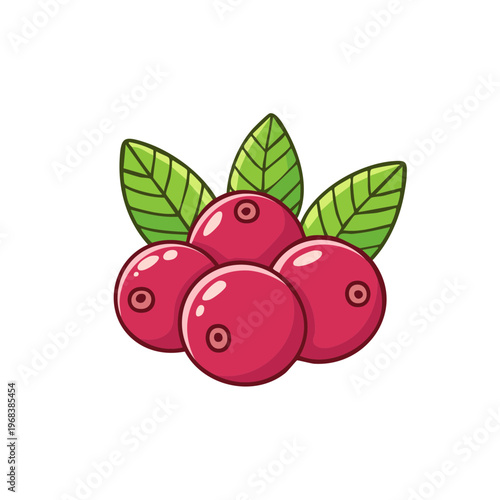 Vibrant cluster of ripe red cranberries with green leaves in a charming illustration style