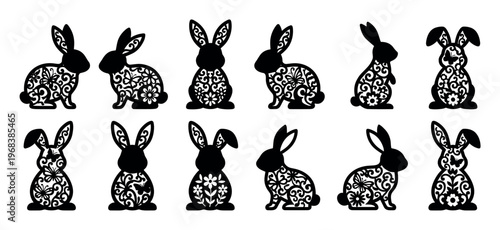 Collection of black rabbit silhouettes with intricate floral and swirl patterns suitable for laser cutting, featuring various poses with ornamental details for Easter or spring crafts