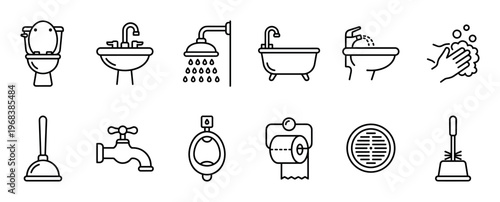 Set of black bathroom line icons representing plumbing fixtures and hygiene items such as a toilet, sink, shower, bathtub, urinal, bidet, and cleaning tools in a simple outline style