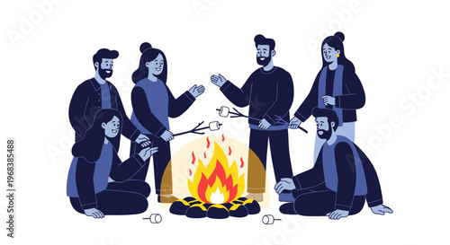 Group of people sitting around campfire.