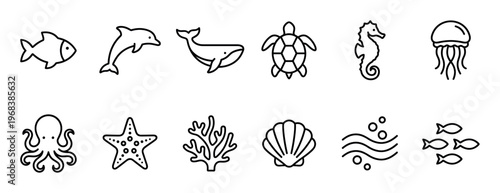 Set of twelve black line icons depicting various sea animals and ocean elements like a fish, dolphin, whale, turtle, seahorse, jellyfish, octopus, starfish, coral, and shell