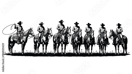 Black and white vector silhouette set of cowboys riding horses, group of western riders with lassos, ranch life, isolated icons.