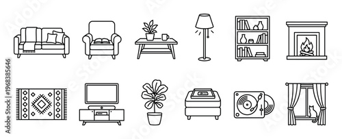 Set of living room furniture icons in a minimalist black line art style, featuring a cozy sofa, armchair, fireplace, bookshelf, lamp, and various home decor elements