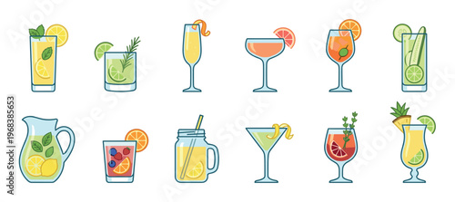 Collection of colorful illustrated summer cocktails and refreshing drinks in various glasses with fruit and herb garnishes, showing a variety of popular beverages for a party menu