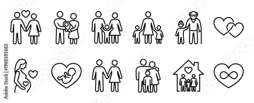 Set of black line family icons showing different life stages like pregnancy, parenthood, and relationships with children and grandparents, including love symbols like hearts and infinity