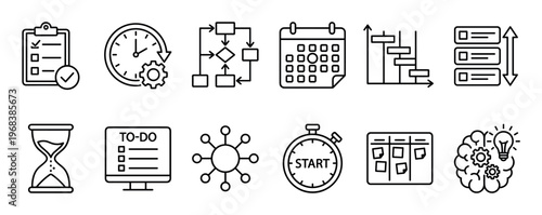 Project management and productivity thin line icons representing planning, scheduling, workflow, strategy, and efficiency in a minimalist vector graphic set for business concepts