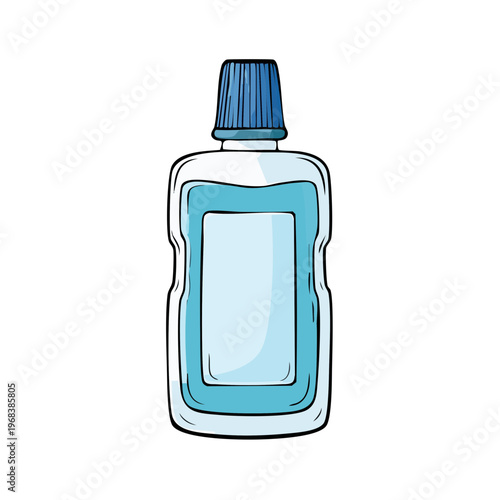 Blue liquid in a clear plastic bottle with a ribbed cap a simple illustration for dental care
