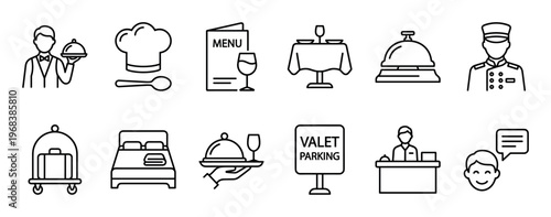 Hotel and restaurant service line icon set featuring a waiter, chef, menu, bellboy, and room service symbols for hospitality industry concepts in a clean outline vector style