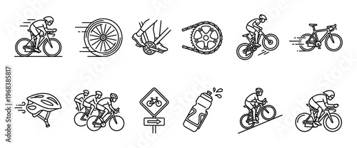 Cycling and bicycle racing icon set with minimalist line art illustrations of a rider, bike parts, helmet, water bottle, and road sign for a sports and competition theme