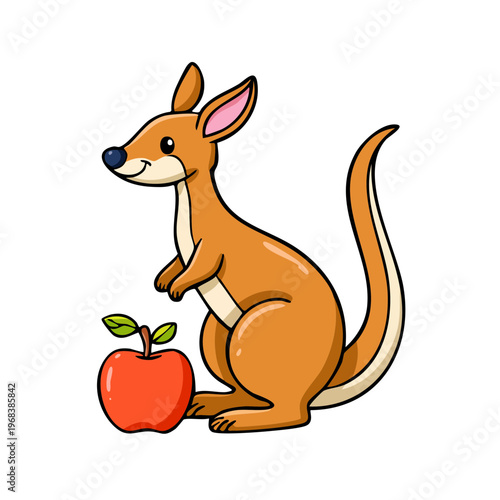 Cute cartoon kangaroo standing next to a ripe red apple with green leaves