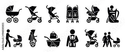 Baby stroller and pram icon collection in a black silhouette style, featuring various types of buggies, a car seat, a baby carrier, and pictograms of parents with their infants