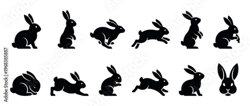 Collection of black rabbit silhouette icons showing various poses and actions like running, sitting, jumping, and standing in a minimalist graphic vector illustration style