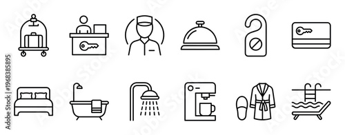 Set of hotel service line icons showing hospitality and travel symbols like a bellhop, reception, key card, bed, shower, and bathrobe in a minimalist black and white style