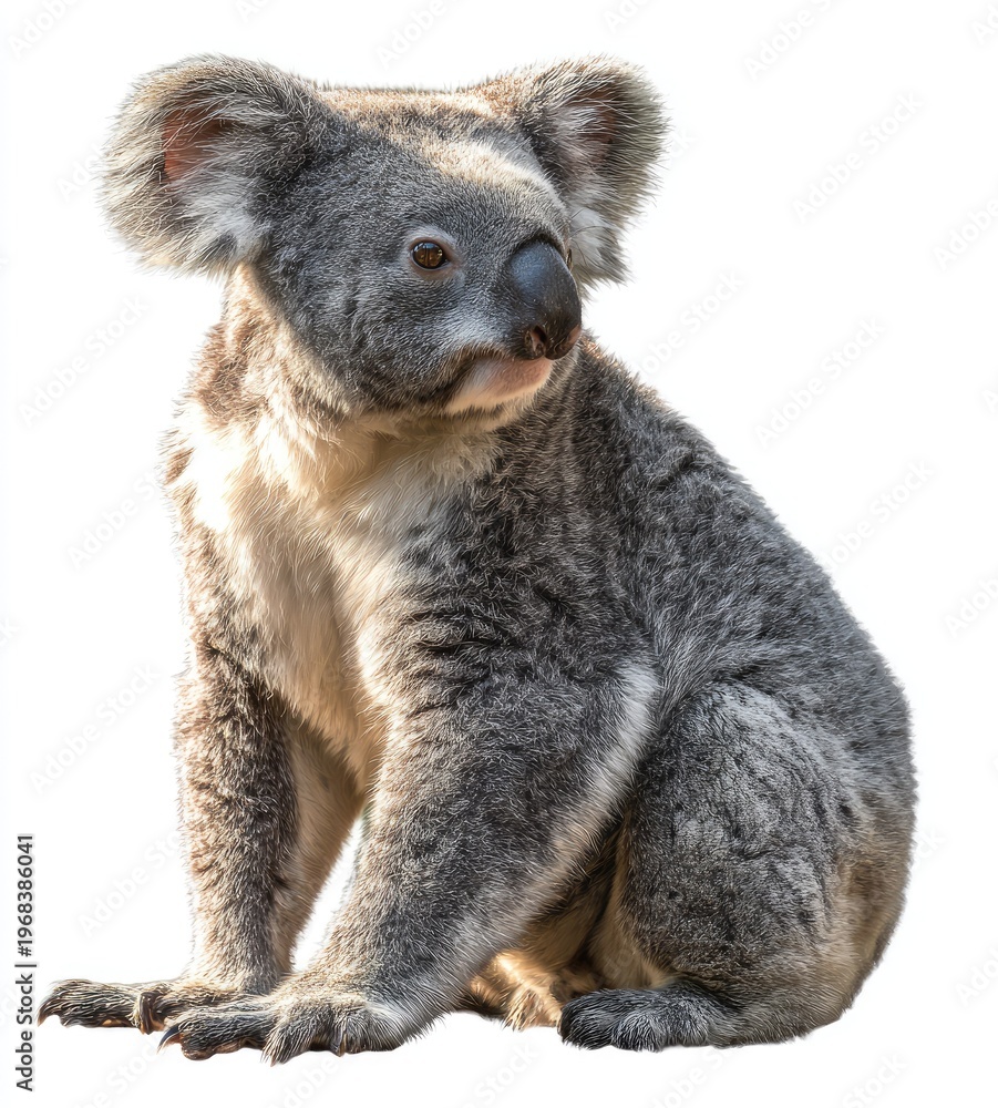 Fototapeta premium Koala bear sitting isolated on white background for wildlife concepts