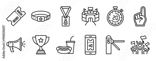 Set of black line icons representing a sports event, including a ticket, stadium, trophy, stopwatch, and fan symbols, rendered in a clean minimalist outline style for graphic design