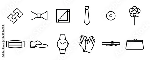 Set of black linear icons representing formal wear accessories for men and women, including a necktie, bow tie, watch, shoe, gloves, and clutch for elegant events
