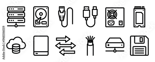 Set of black line art icons representing computer hardware, data storage, and network connectivity, including a server, hard drive, cables, cloud database, and floppy disk