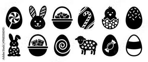 Collection of black Easter holiday icons featuring a bunny, chick, lamb, decorated eggs, and candy baskets in a simple minimalist graphic style for spring celebrations