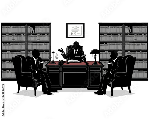 A seasoned lawyer conducts a formal legal consultation, advising two attentive clients in a serious meeting.