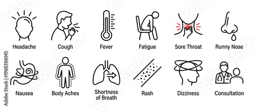 Set of twelve disease symptom icons in a minimal line art style representing common signs of illness like fever, cough, headache, fatigue, sore throat, and dizziness