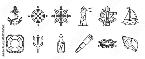 Set of nautical themed line icons featuring an anchor, compass, ship wheel, lighthouse, sextant, sailboat, lifebuoy, trident, and seashell for maritime and marine concepts