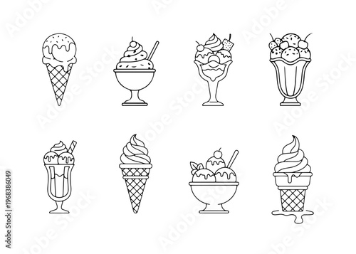 Assorted Frozen Desserts Collection Line Art Icons Minimalist Style Refreshing Treats for Summer Marketing