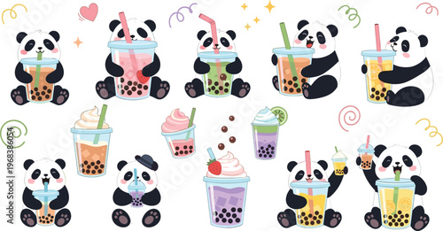 Cute Panda Drinking Bubble Tea Cartoon Set with Boba Drinks, Sweet Desserts, Colorful Beverages, and Kawaii Food Theme Vector Illustration Collection.