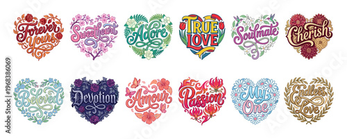 Colorful collection of twelve heart-shaped love-themed emblems with custom lettering and various floral illustrations like roses, daisies, and succulents