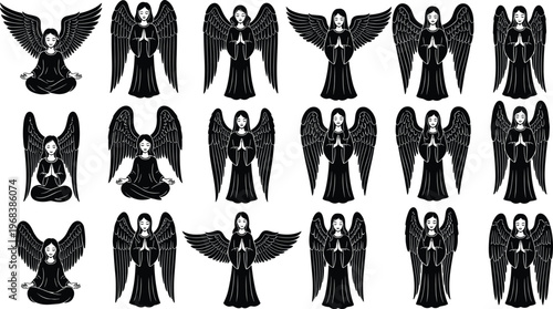 Black angel silhouettes set, praying and meditating celestial beings with wings, religious spiritual guardian icons, fantasy church design, isolated, 2026. (20 words)
