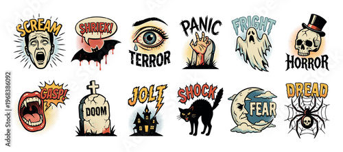 Collection of twelve retro horror-themed illustrations in a vintage comic book style, featuring spooky icons like a screaming face, ghost, skull, black cat, and zombie hand