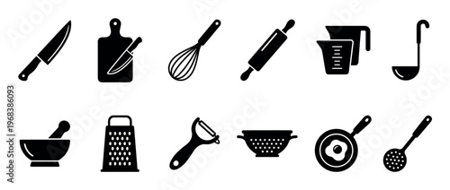 Set of black kitchen utensil icons for cooking and food preparation including a knife, whisk, rolling pin, grater, ladle, and frying pan in a minimalist glyph style