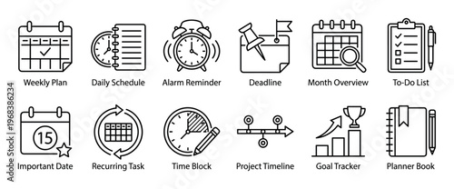 Set of twelve black line icons for time management and planning, including schedule, deadline, to-do list, and goal tracker symbols for business and personal productivity