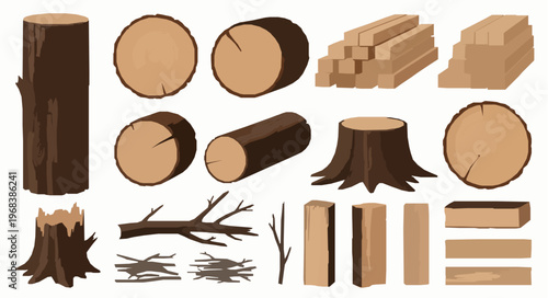 Wood raw materials vector set logs planks trunks realistic EPS10 isolated on white