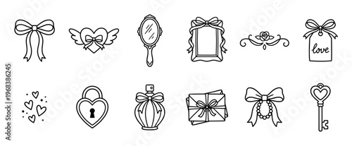 Set of hand-drawn romantic icons featuring hearts, bows, a key, a padlock, a mirror, and a love letter for Valentine's Day or wedding designs in a cute doodle line art style