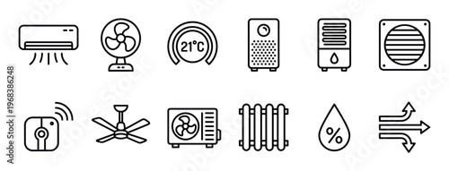 Set of black line icons representing heating, ventilation, and air conditioning systems for climate control, including a fan, radiator, thermostat, and air purifier symbols