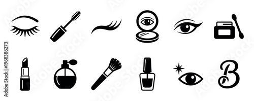 Collection of black cosmetic and makeup icons showing lipstick, mascara, nail polish, perfume, eyeshadow, and eyelash symbols for beauty salon or spa branding
