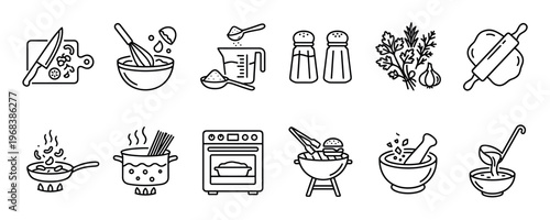 Set of black line cooking icons showing various food preparation steps and kitchen utensils like a whisk, knife, rolling pin, oven, and grill for culinary design concepts