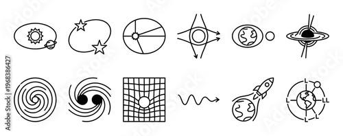 Set of black line art icons illustrating scientific theories of the universe, including planets, stars, galaxies, black holes, and spacetime curvature in a clean minimalist style